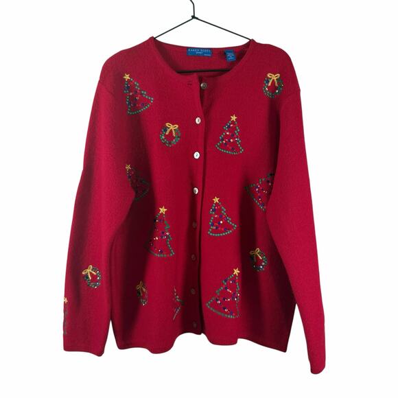 Karen Scott Sport VTG Red Christmas Cardigan Sweater Button Wool Embellished 1X - Picture 1 of 8